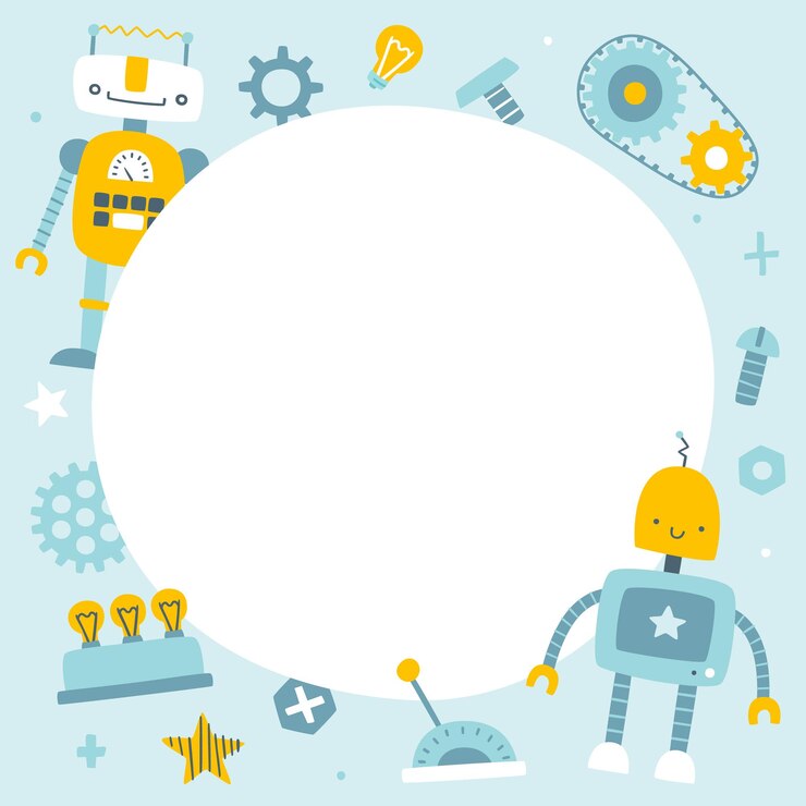 Vector frame lindo con robots para niños robots de dibujos animados para niños en blanco