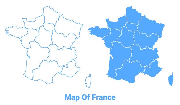 Francia Mapa azul regiones planas Ilustración vectorial del contorno fronterizo