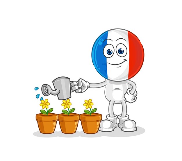 francia, regar, el, flores, mascota, caricatura, vector