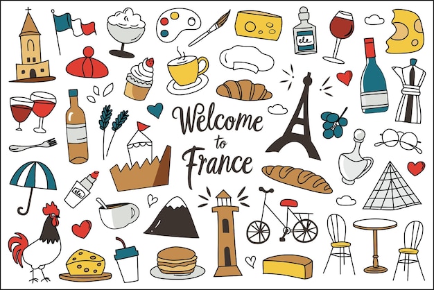 Francia símbolos colección Torre Eiffel croissant café iconos vectoriales ilustraciones de la bandera francesa y París puntos de referencia viajar en Europa simples dibujos bonitos de castillo monasterio elementos de la cultura