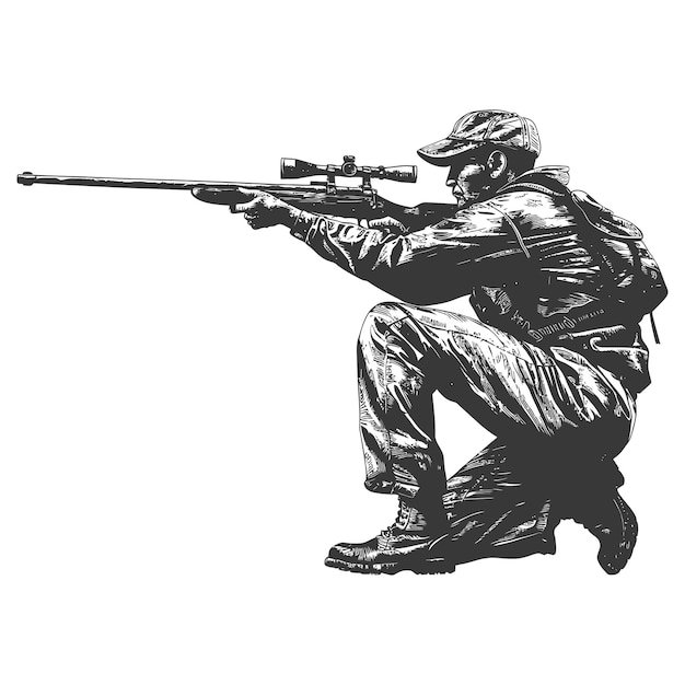 Vector francotirador soldado del ejército en acción imagen de cuerpo completo usando estilo de grabado antiguo