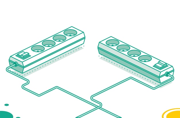Franja de enchufe eléctrico Concepto de contorno isométrico Dos objetos Cordón de extensión eléctrico moderno Tabla de alimentación con cuatro ranuras