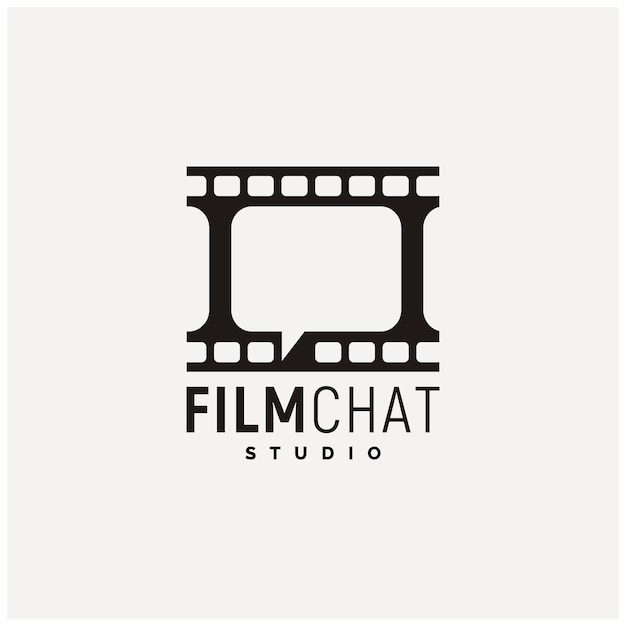 Franjas de película negativa de foto o video con bubble chat para el logotipo de diseño de logotipo de producción de cine de película