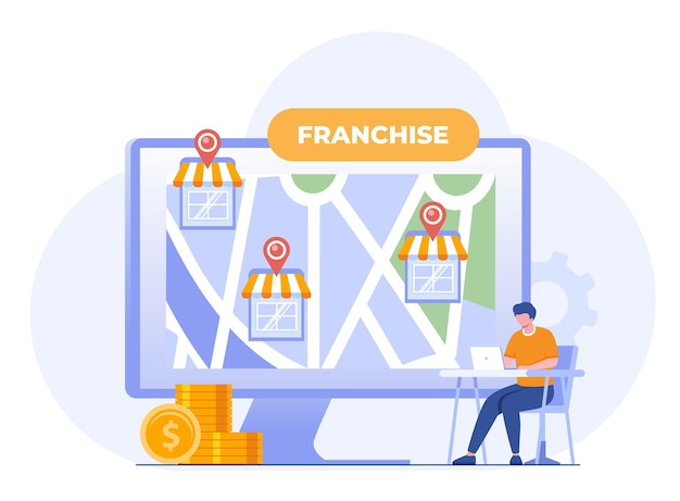 Franquicia tienda negocio concepto inicio estrategia expansión desarrollo empresa vector plano ilustración banner