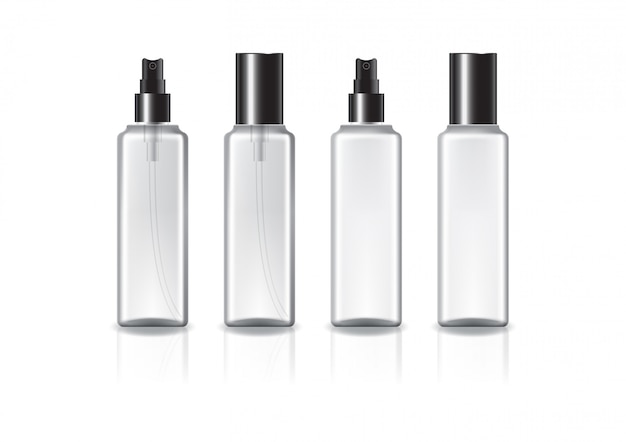Vector frasco cosmético cuadrado transparente y blanco con tapa y cabezal de spray negro.
