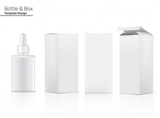 Vector frasco cuentagotas cosmético realista y caja para productos para el cuidado de la piel
