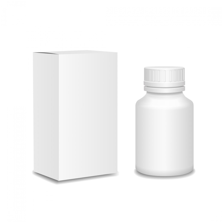 Vector frasco de medicina. botella de plástico blanco, paquete de cartón.