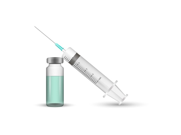 Vector frasco de medicina para inyección frascos de vidrio médico y jeringa para vacunación ilustración vectorial aislada sobre fondo blanco