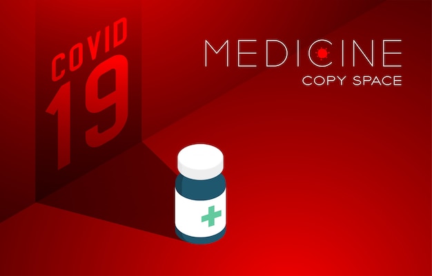 Frasco de medicina con sombra y texto Covid-19