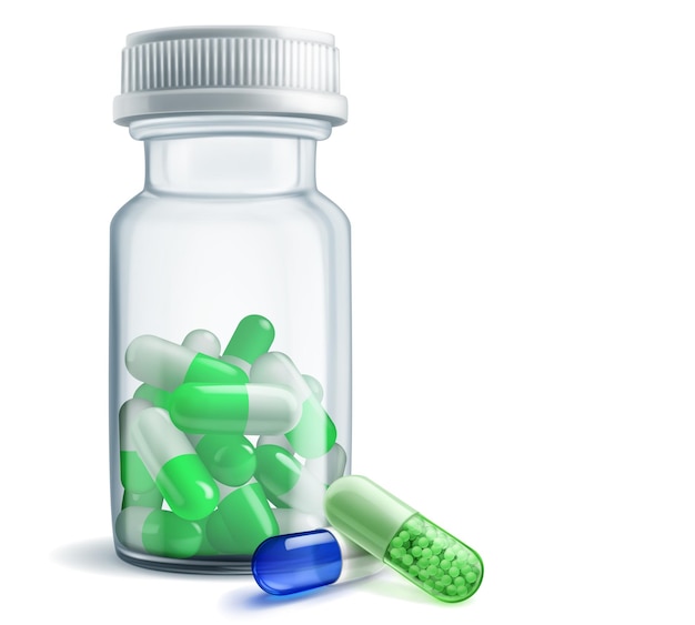 Un frasco de medicina transparente con tapa de plástico lleno de cápsulas verdes junto a él hay dos cápsulas azules y verdes