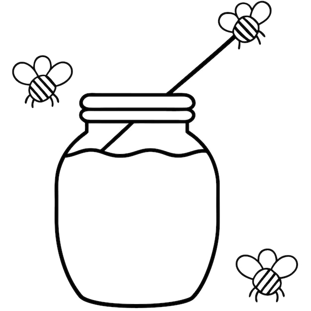 un frasco de miel con abejas volando a través de él