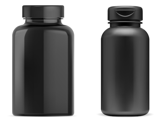 Vector frasco de píldoras negro suplemento de plástico negro tarro de píldoras paquete de cápsulas de vitamina maqueta en blanco