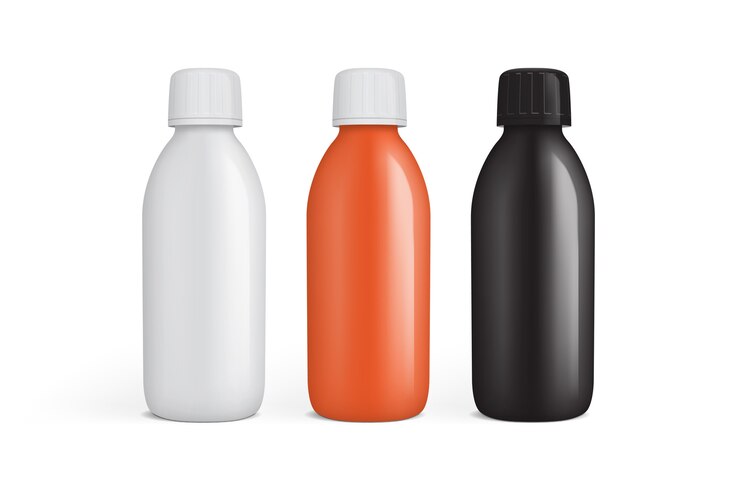 Vector frasco de plástico blanco naranja y negro para medicamentos aislado sobre fondo blanco.