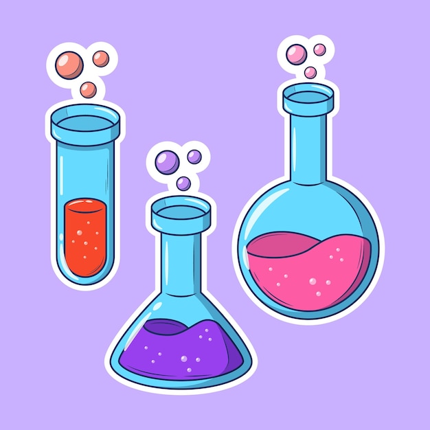 Frasco de química icono de dibujos animados dibujados a mano etiqueta  engomada doodle para colorear | Vector Premium