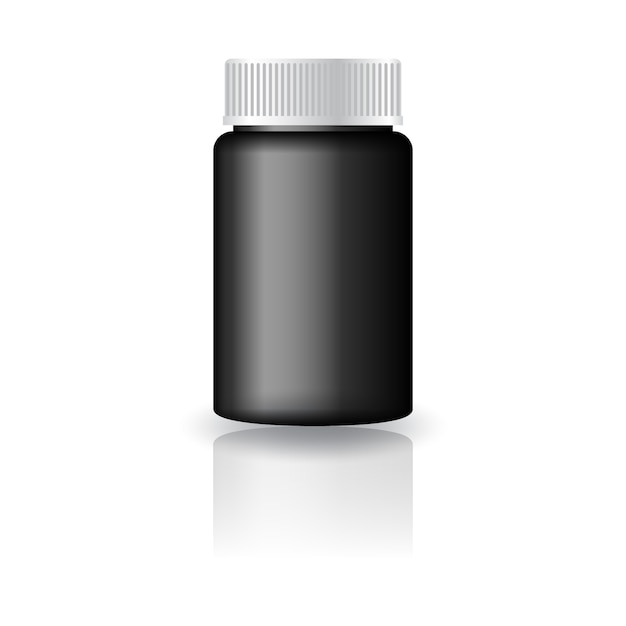 Frasco redondo de medicina negra con tapa acanalada blanca.
