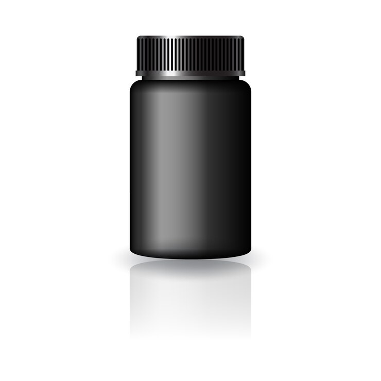 Frasco redondo de medicina negra con tapa ranurada negra para productos de belleza o saludables.
