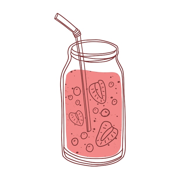 Frasco de vidrio de batido de bayas. refrescante cóctel de fresa de verano con paja. bebida fría detox con ingredientes naturales. ilustración de vector plano coloreado de limonada aislado sobre fondo blanco.