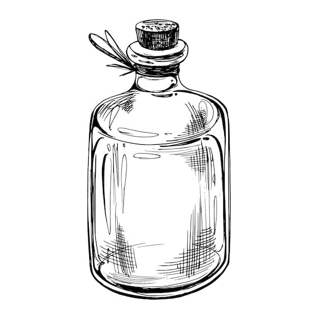 Frasco de vidrio con corcho La ilustración está dibujada a mano en un vector EPS gráfico de tinta negra Objeto aislado en un fondo blanco