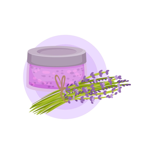 Vector frasco de vidrio de gel o loción de lavanda y ramo de flores moradas cosmética natural producto orgánico para el cuidado de la piel tema de salud y belleza diseño vectorial plano colorido aislado en fondo blanco