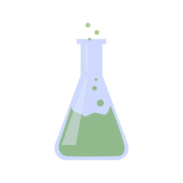 Frasco de vidrio con ilustración de líquido verde. icono de matraz de vidrio. herramienta para la investigación médica y química