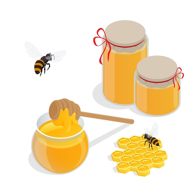 Frasco de vidrio lleno de miel e ilustraciones de vectores de cazo de miel de madera. símbolo de vector colmenar. abeja, miel, banco de miel, panal. producción de alimentos saludables naturales de miel.