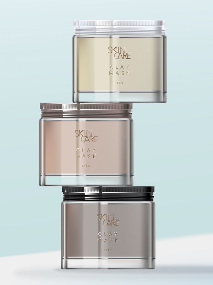 Frasco de vidrio o plástico transparente brillante con tapón de rosca metálico blanco, dorado rosa y negro para belleza, cuidado de la piel, cuidado del cuerpo o alimentos.