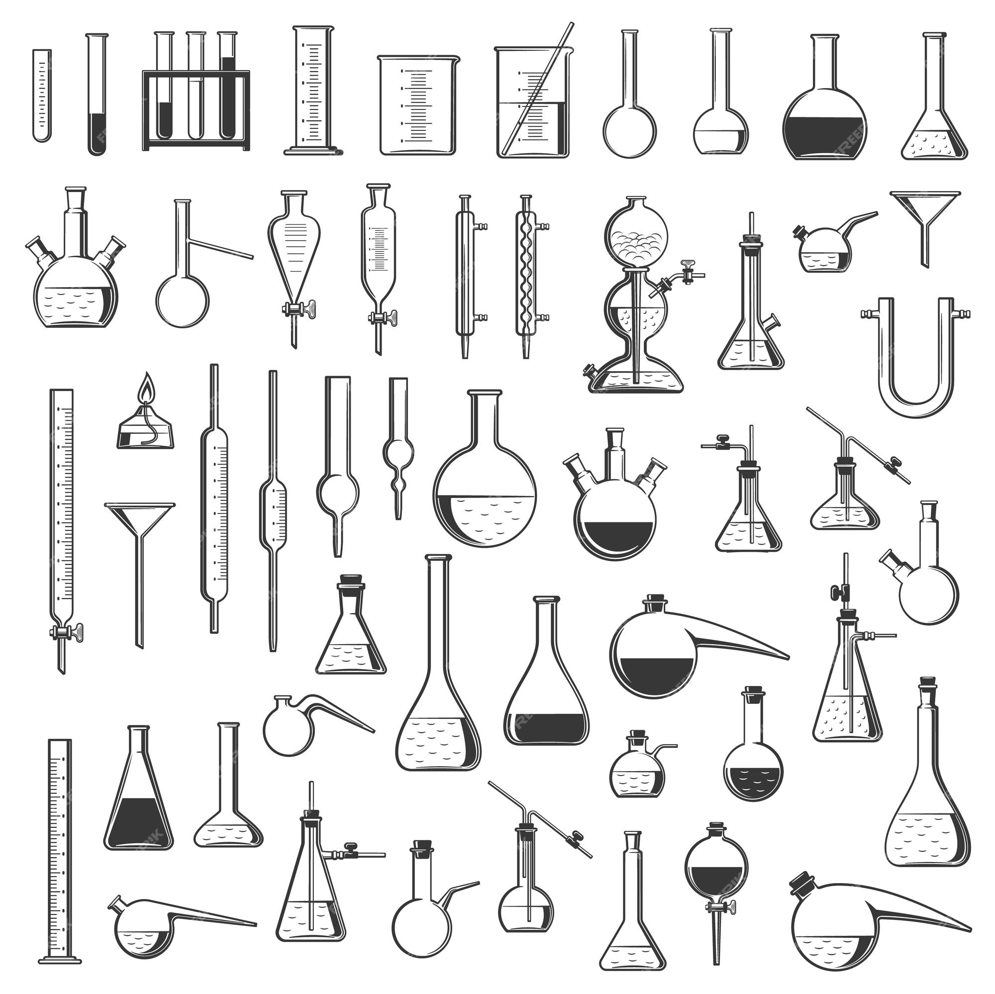 Frascos de laboratorio químico, tubos y retortas, equipo vector de ciencia cristalería de laboratorio y recipientes de vidrio para experimentos de investigación médica, soportes para tubos de ensayo, vasos de