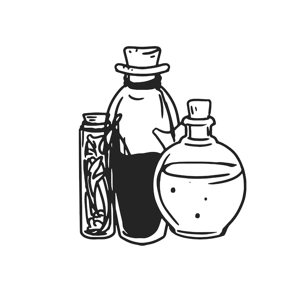 Frascos de pociones en blanco y negro con líquidos mágicos. Viejas botellas con corcho y vial de veneno, elixir, mezclas y tintura de hierbas. Ilustración de vector monocromo aislado sobre fondo blanco.