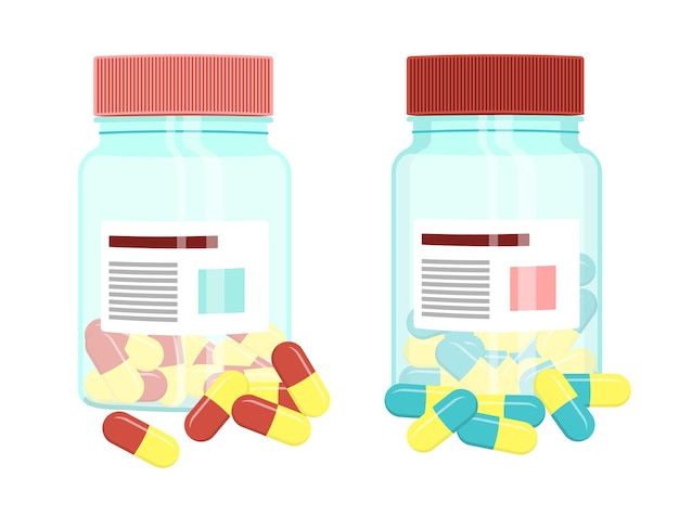 Vector frascos de vidrio ámbar azul claro de plástico transparente para medicamentos con pastillas o grageas rojas y azules