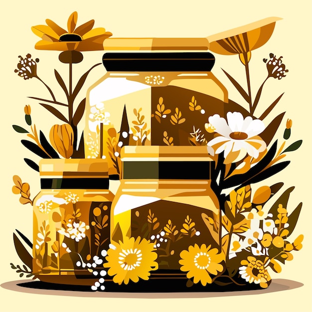 Vector frascos de vidrio de miel a base de hierbas con miel orgánica dorada natural y flores silvestres ilustraciones vectoriales