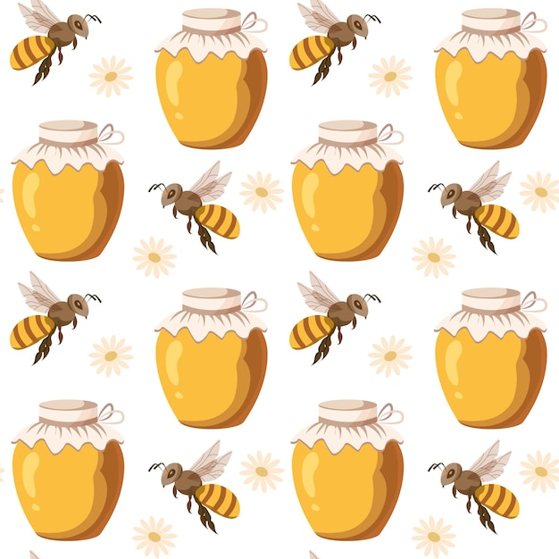 Frascos de vidrio de patrones sin fisuras de miel con abejas y flores de color marrón amarillento