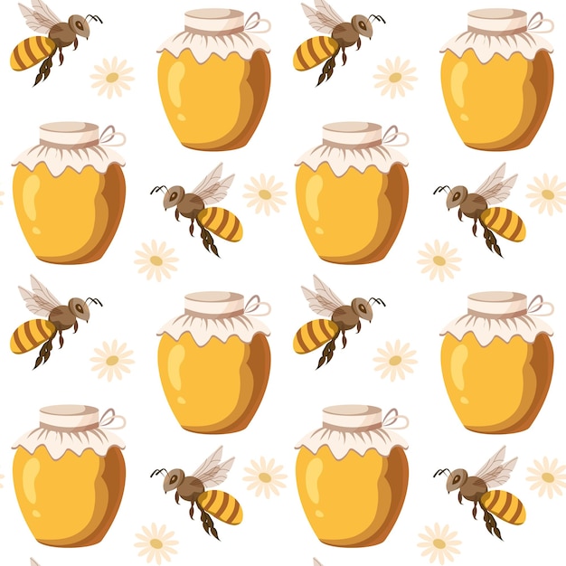 Vector frascos de vidrio de patrones sin fisuras de miel con abejas y flores de color marrón amarillento