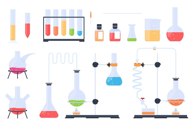 Frascos de vidrio tubos de ensayo de vidrio para realizar experimentos con varios ingredientes químicos scientifi