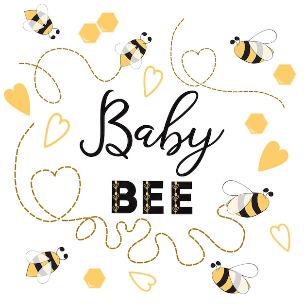 Frase de abeja bebé con abeja sobre fondo blanco Lindo diseño de tarjeta para Baby Shower Niño o niña cumpleaños Ilustración vectorial Diseño de tarjeta Banner felicitación bebé logotipo símbolo signo imprimir etiqueta insignia
