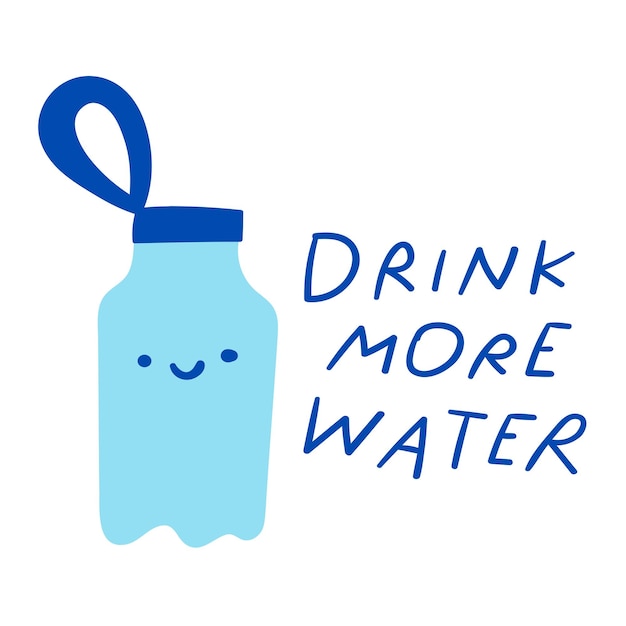 Frase de botella linda beber más agua personaje sonriente ilustración vectorial de diseño plano