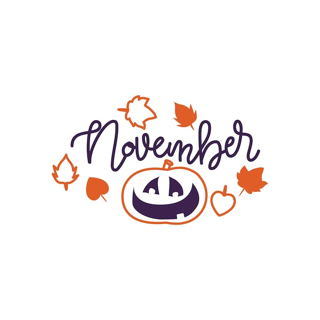 Frase de caligrafía de letras de otoño Hola tarjeta de invitación de noviembre con calabaza dibujada a mano en estilo de boceto Cita de motivación hecha a mano Diseño de vectores de boceto