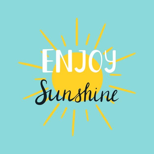 La frase escrita a mano Enjoy Sunshine Bright cartoon sun sobre un fondo azul Vector