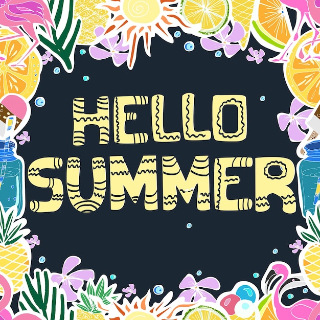 Frase escrita a mano Hola verano fondo tropical flores exóticas piñas naranja helado cóctel hojas de palma ilustración vectorial