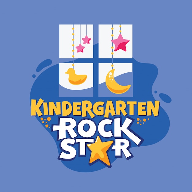 Frase de estrella de rock de kindergarten, ventana con pato y estrellas, ilustración de regreso a la escuela