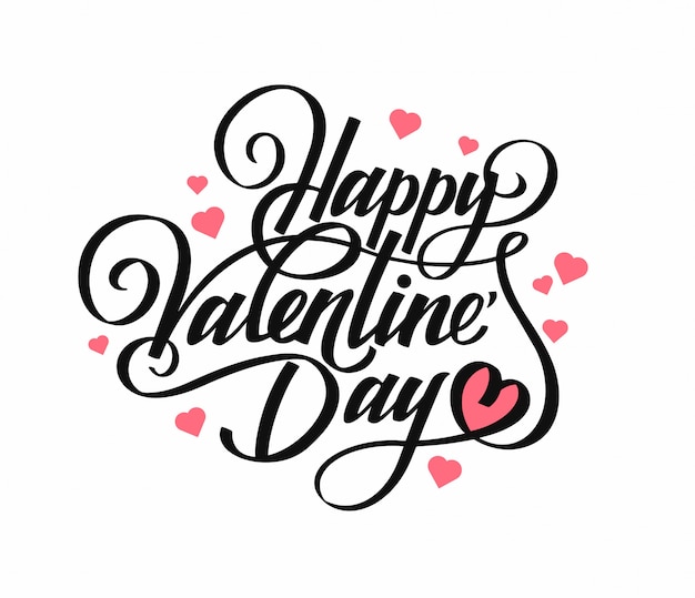 Frase Feliz Día de San Valentín. Caligrafía. Texto negro sobre blanco con símbolos de corazón. Para tarjetas de regalo.