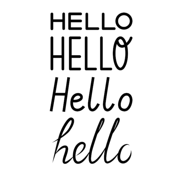 La frase "Hola" en cuatro fuentes escritas a mano diferentes Diseño para tarjetas, impresiones, camisetas y pancartas Ilustración vectorial aislada sobre un fondo transparente