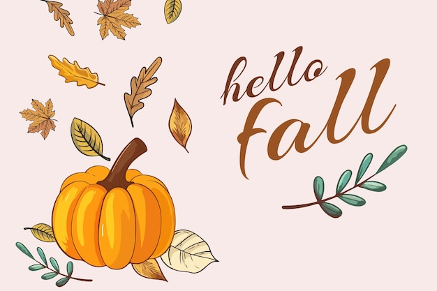 La frase "Hola otoño" con calabaza y hojas de otoño contra un fondo pastel crea una cálida