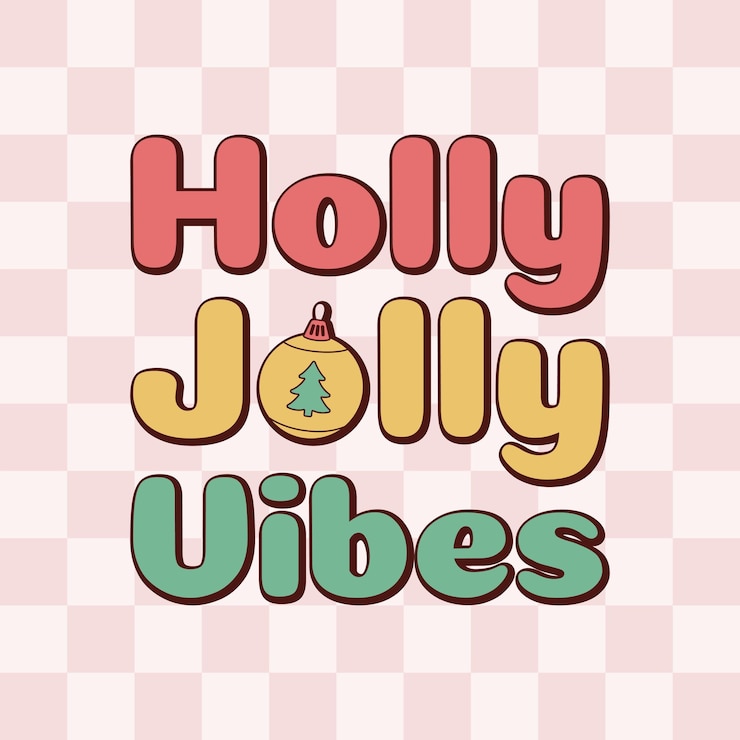 Vector frase de holly jolly vibes en el maravilloso fondo a cuadros retro de los años 70 para la celebración de navidad.