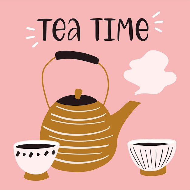 Frase de la hora del té icono de dos lindas tazas y una tetera caliente con vapor concepto para el restaurante cafetería de entrega de la casa de té