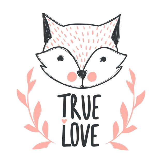 Frase de letras dibujadas a mano Amor verdadero y lindo zorro. Ilustraciones dibujadas a mano para carteles, tarjetas de felicitación, camisetas y estampados. Diseño de dibujos animados.