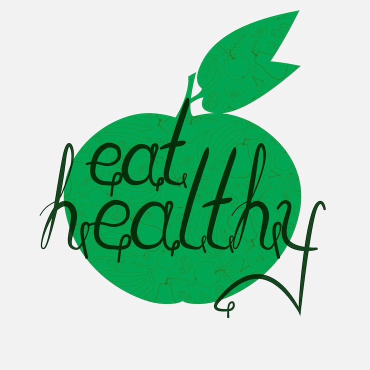Vector frase de letras dibujadas a mano comer sano en el fondo de una manzana llena de imágenes de vectores de frutas