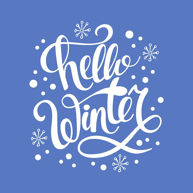 Frase de letras hola invierno con copos de nieve