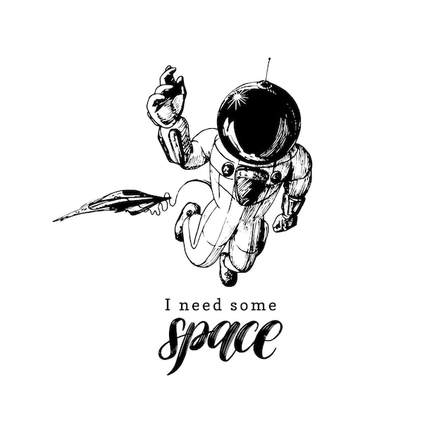 Frase con letras a mano necesito algo de espacio ilustración vectorial dibujada de astronauta y transbordador en estilo retro futurista