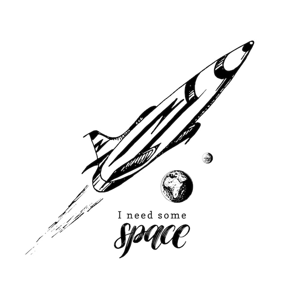 Frase de letras manuales necesito algo de espacio ilustración vectorial dibujada de un cohete espacial que vuela de la tierra a marte