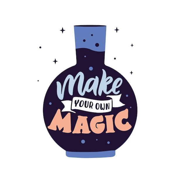 Vector la frase mágica la cita de letras haz tu propia magia con diseños de botella feliz día de halloween